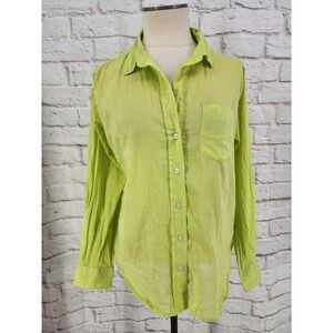 Sigrid Olson Sheer Cotton Top Lime Green Button Summer Vacation Coastal Medium